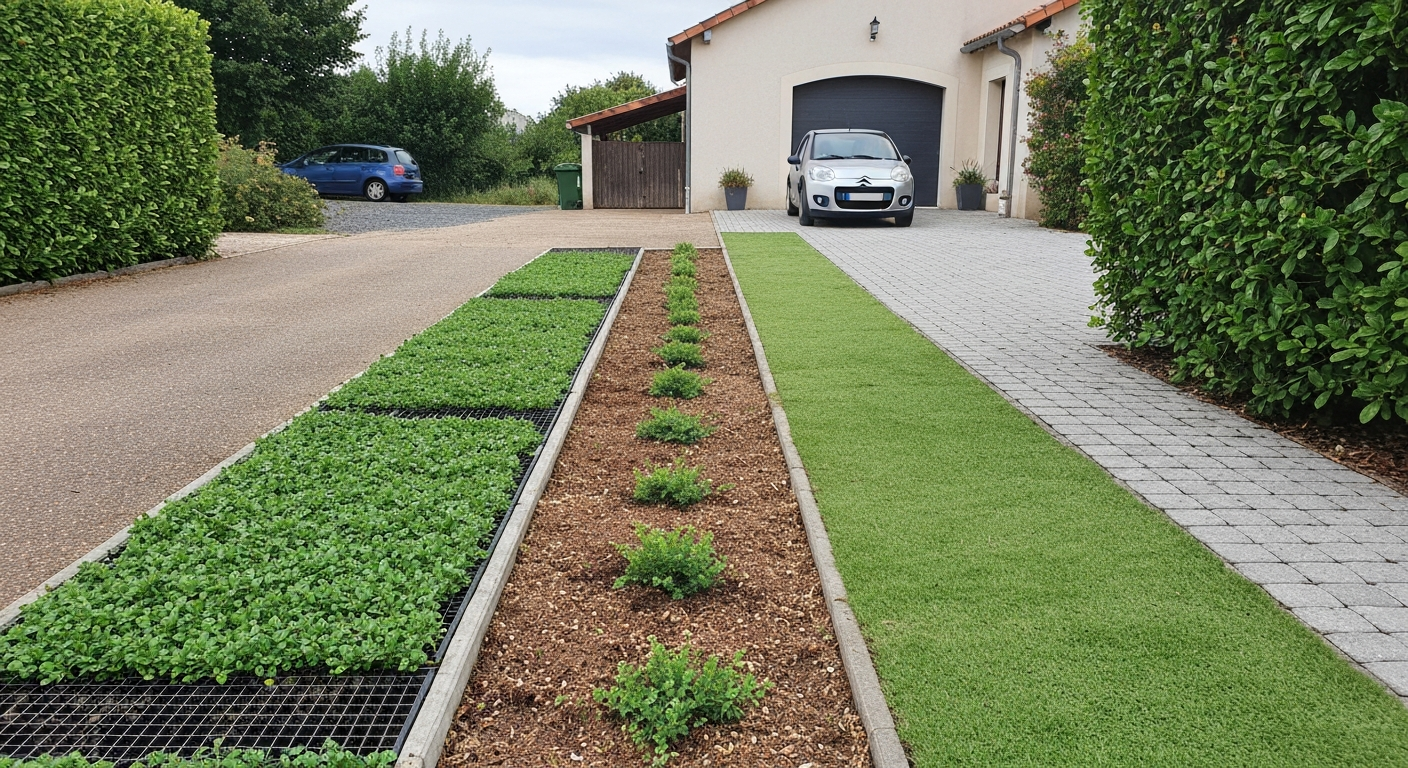 Allée d'entrée montrant trois textures de pavé herbe : grille plastique végétalisable, dalles ajourées en béton et pavés drainants engazonnés, avec une voiture garée et maison française en arrière-plan.