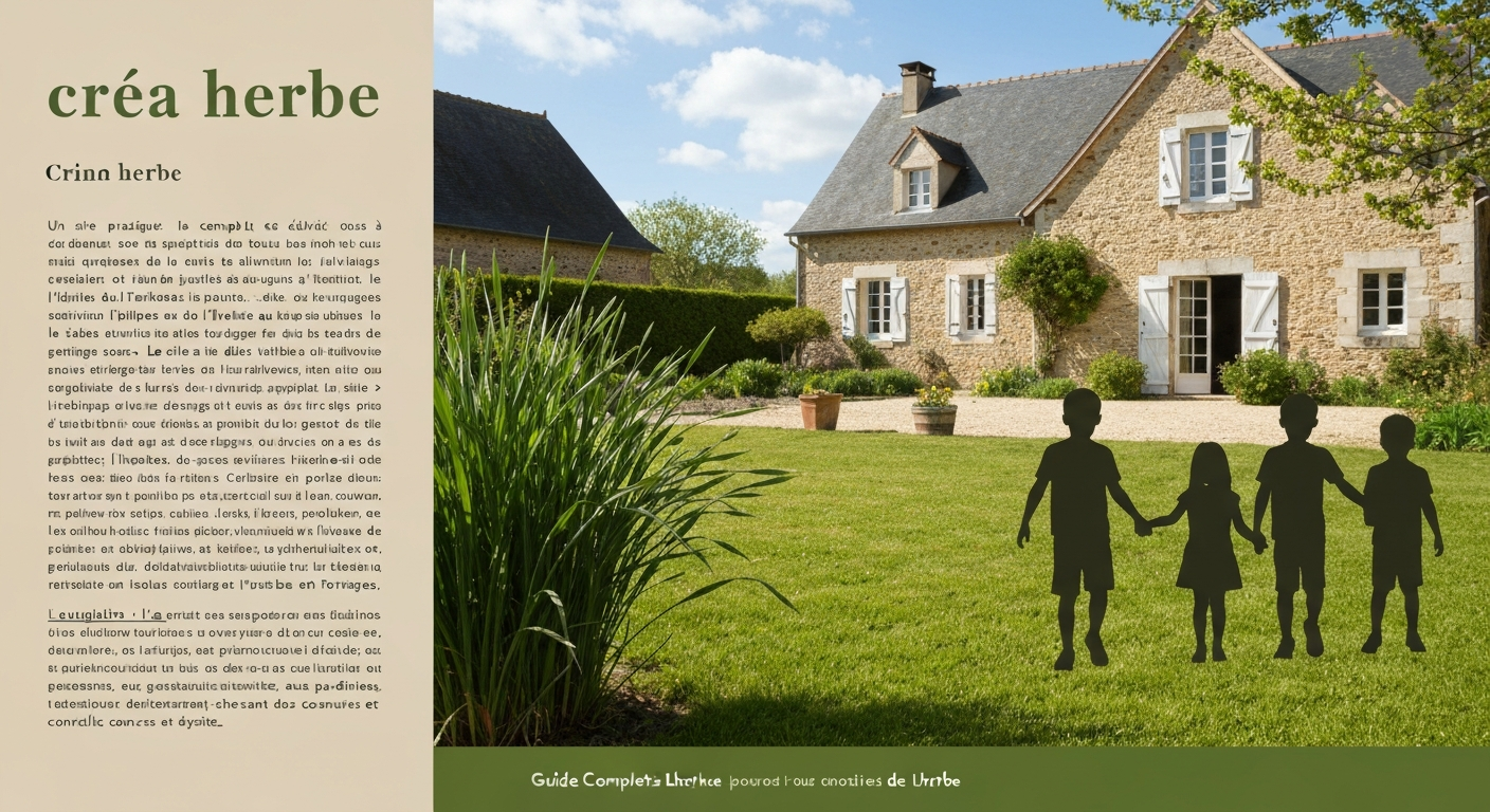 Pelouse verte en gros plan dans un jardin français au printemps, outils de jardin posés et arrière‑plan flou d'une maison et d'enfants jouant.