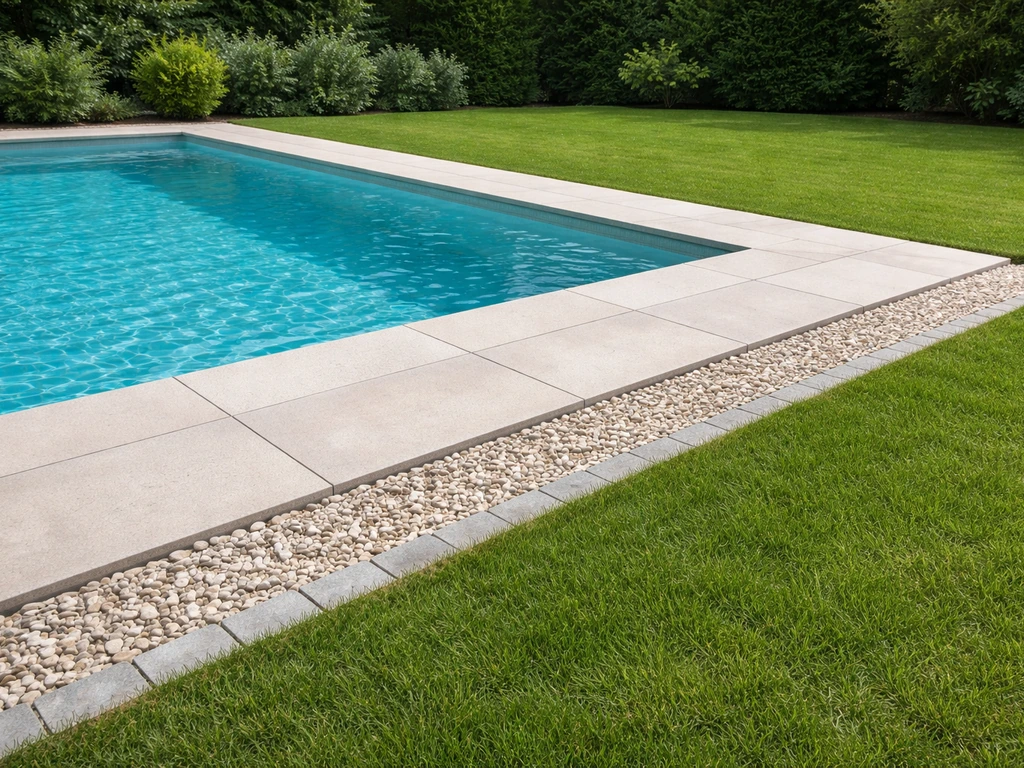 Piscine avec herbe autour : margelle, bordure et zone tampon minérale entre graviers et gazon.