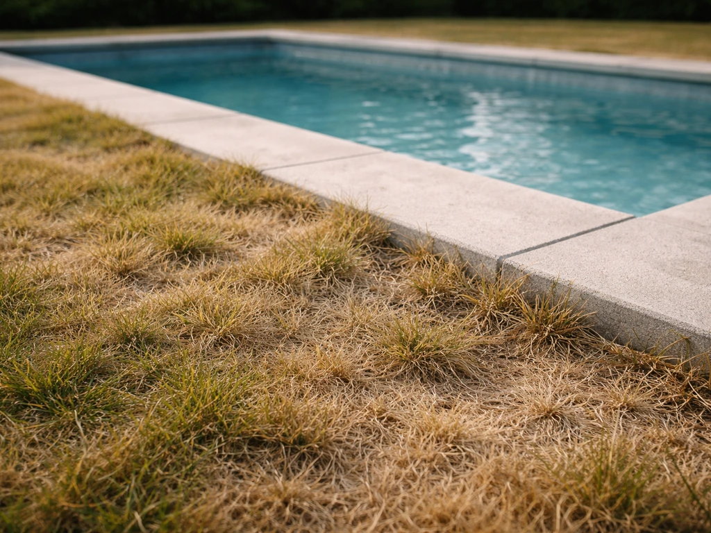 Pelouse jaunie et abîmée autour d’une piscine, près de la margelle, montrant le stress des éclaboussures.