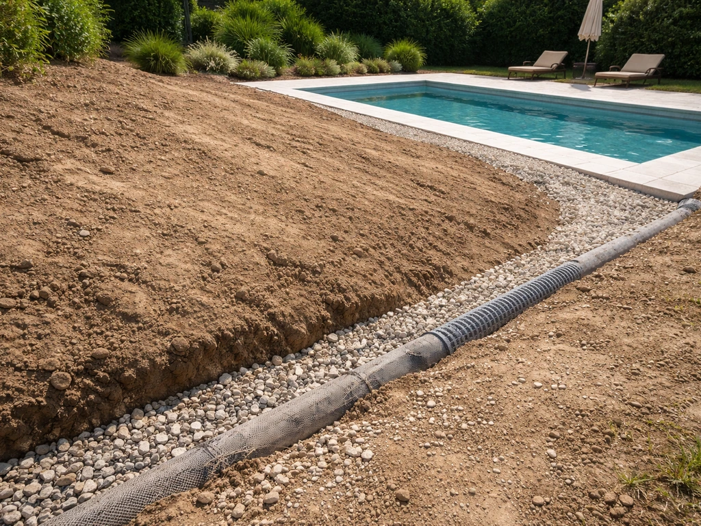 Vue de chantier près d’une piscine : pente du terrain avec rigole drainante et zone de captage des eaux