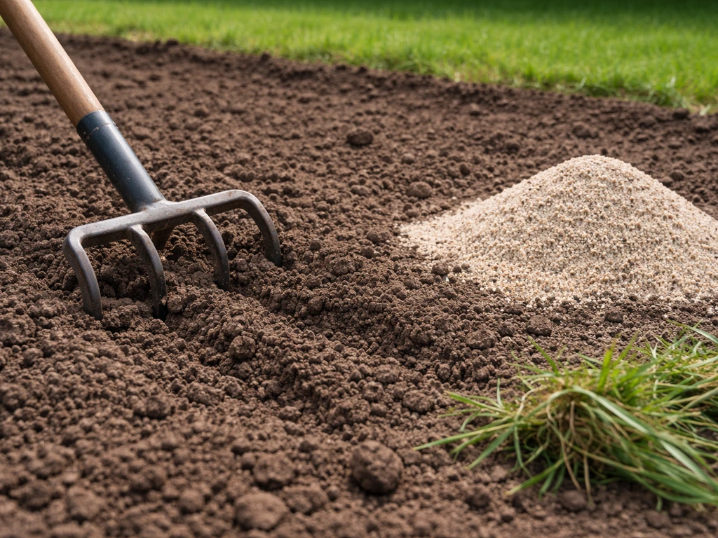 Décompactage du sol avant semis avec outil et sable grossier pour améliorer le drainage
