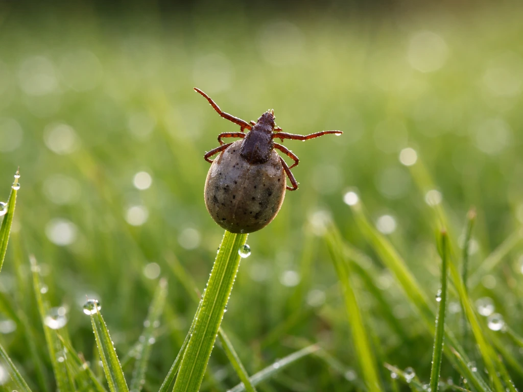 Gros plan réaliste d’une tique sur un brin d’herbe courte en extérieur, ambiance naturelle et inquiétude