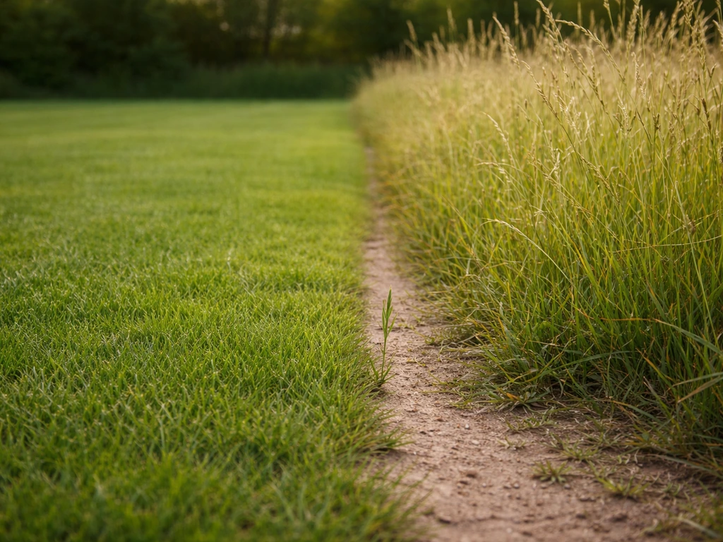 Pelouse rase à gauche et herbes hautes à droite, extérieur au niveau du sol pour illustrer le risque différent.