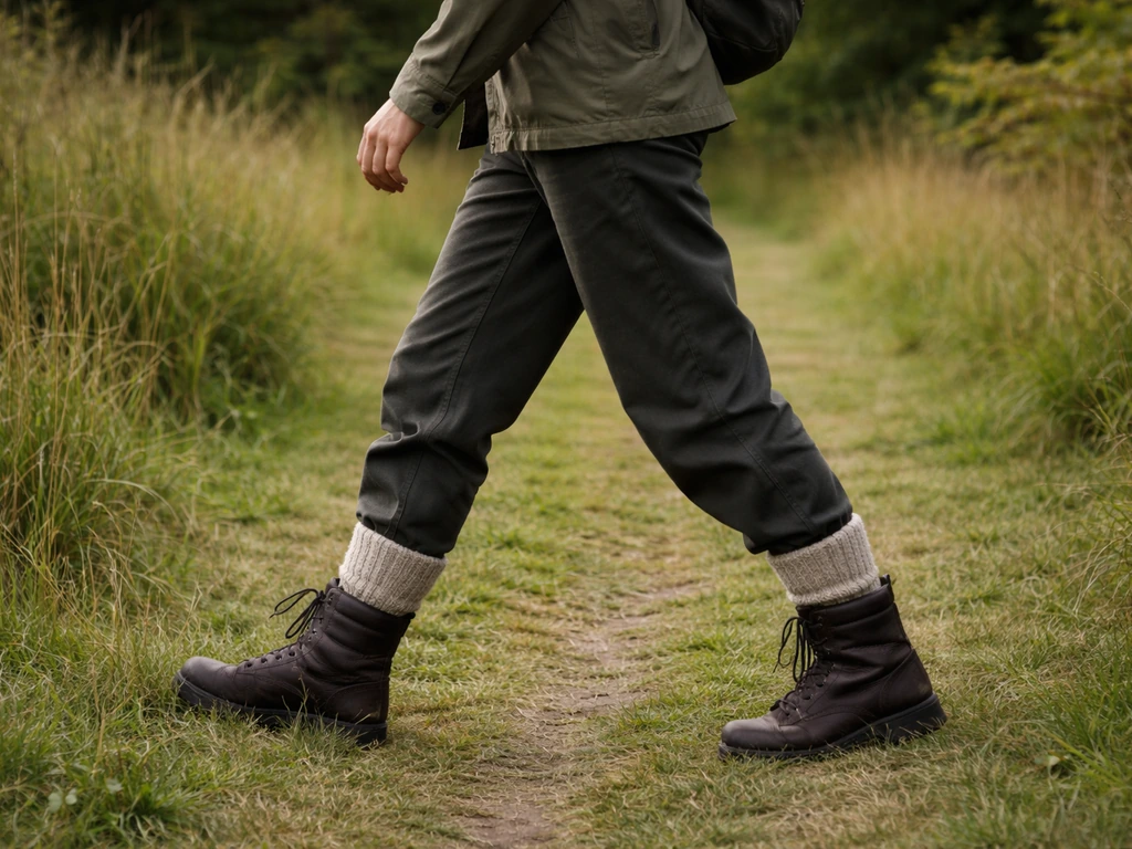 Personne anonyme sur un sentier herbeux, pantalon long rentré dans les bottes pour se protéger des tiques.