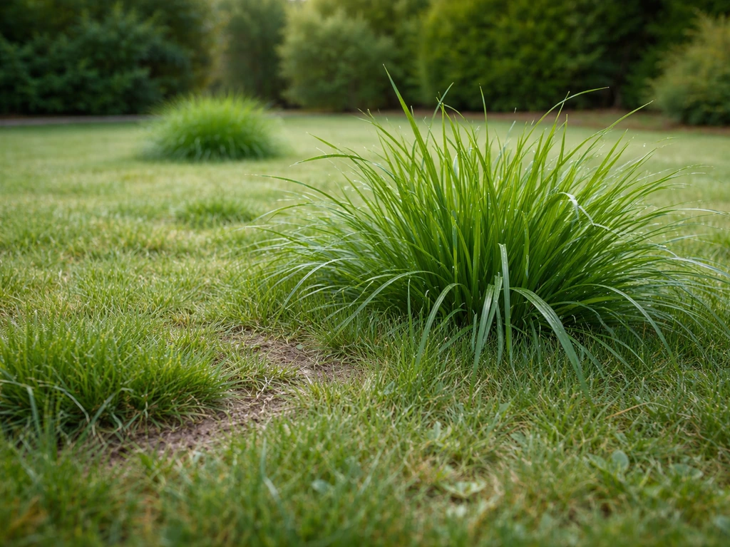 Pelouse de jardin avec des touffes d’herbe très haute visibles par endroits, mauvaise graminée au premier plan.