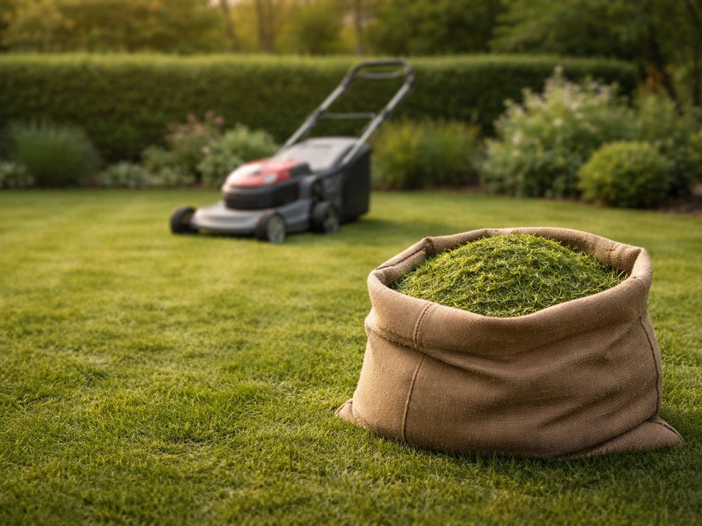 Pelouse rabattue avec l’herbe coupée correctement ramassée dans un sac de jardin, tondeuse au sol.