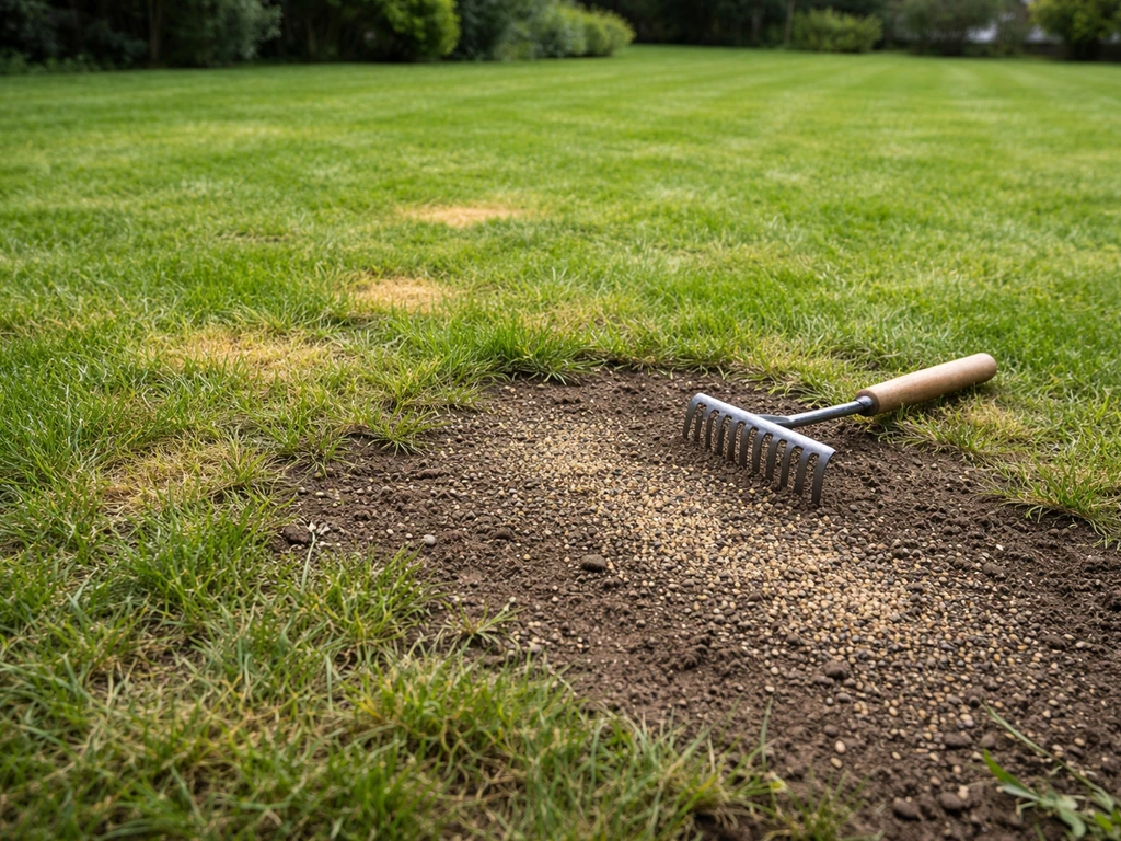 Zone de pelouse dégarnie après tonte, griffage léger et semis pour regarnissage, jardin privé.