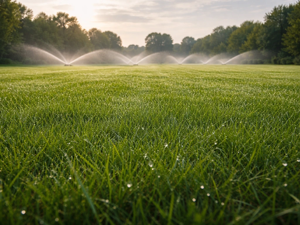 Pelouse française au matin, arrosage par aspersion avec gouttes visibles sur l’herbe, lumière douce.