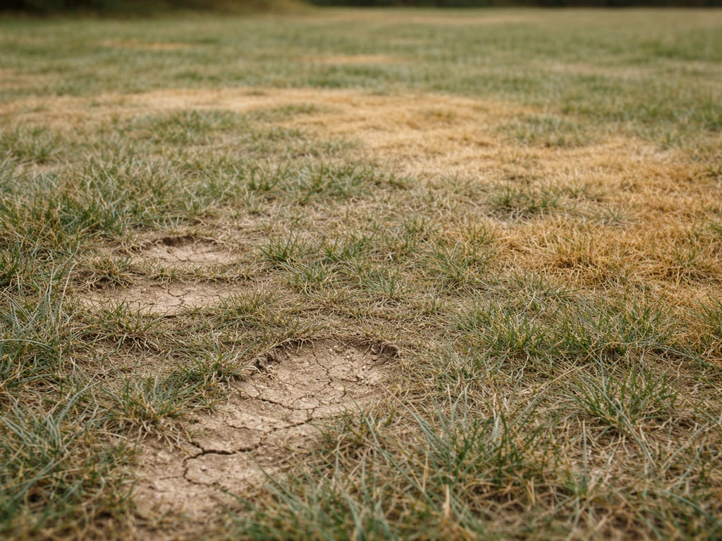 Pelouse gris-vert avec zones jaunies et empreintes qui ne se redressent pas après le piétinement.