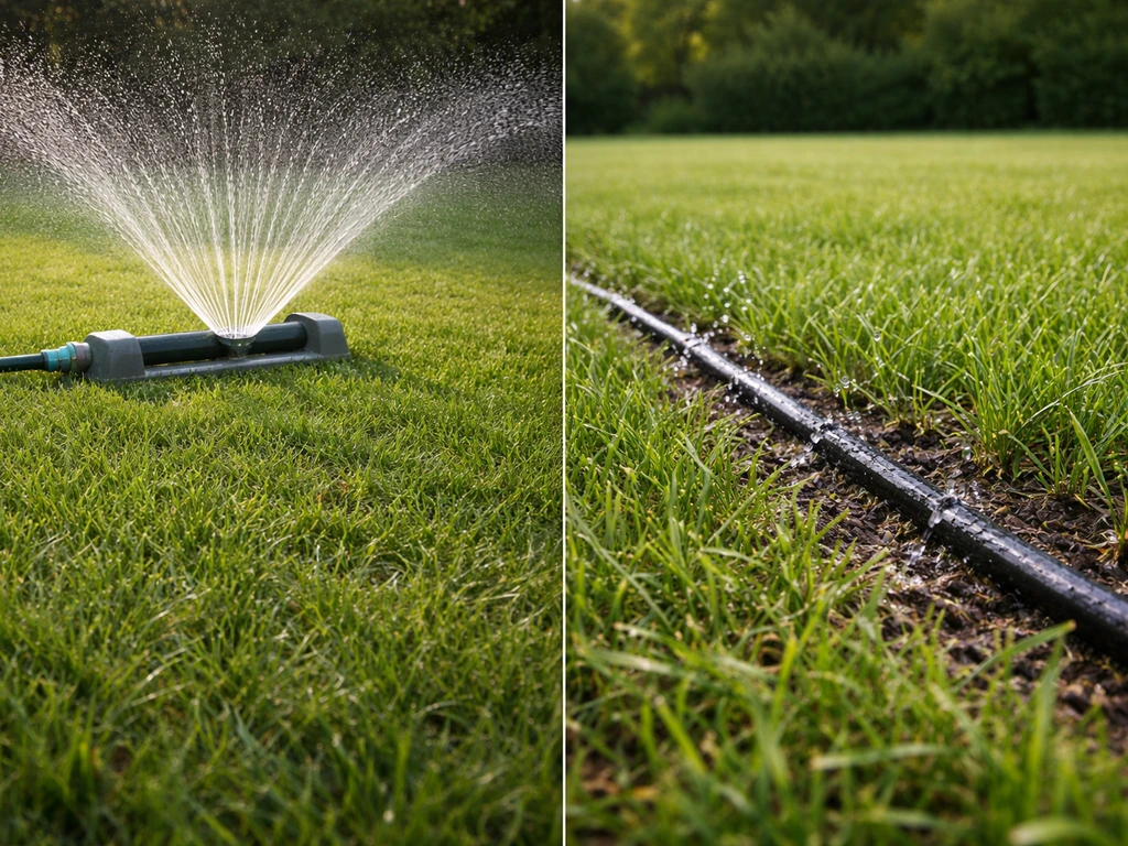 Arroseur oscillant couvrant une pelouse à côté d’un tuyau de goutte-à-goutte discret dans l’herbe