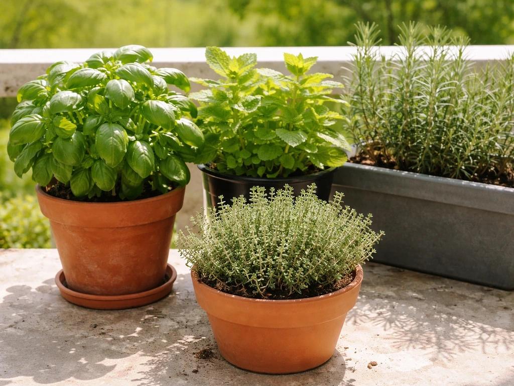 Herbes aromatiques fraîches en pots sur un balcon, avec vue sur le sol et une plante de thym en premier plan.
