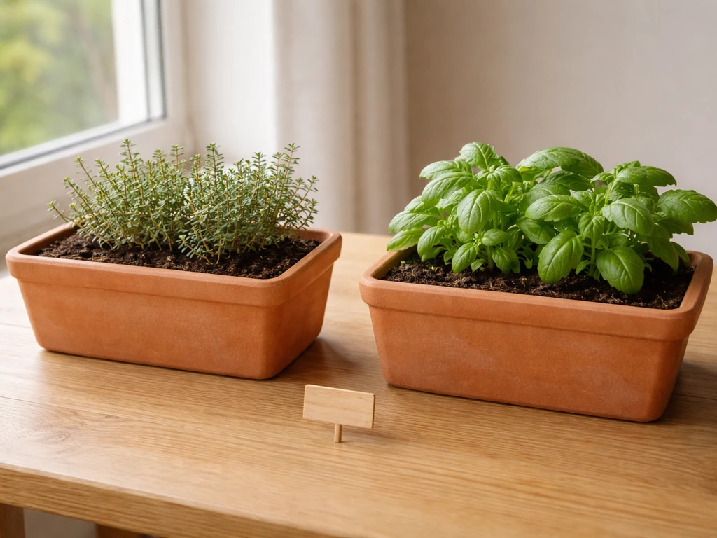 Deux pots d’herbes aromatiques, terreau drainant pour méditerranéennes et terreau plus riche pour plantes fraîches