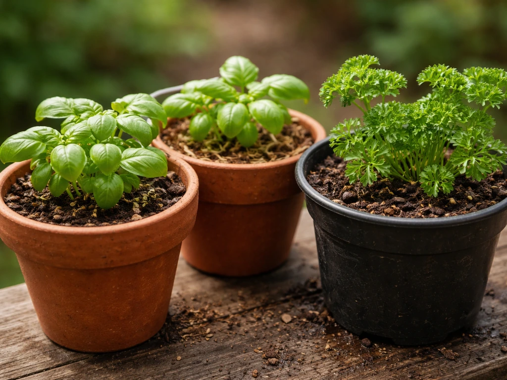 Deux pots de basilic et persil avec terreau légèrement humide et substrat riche, arrière-plan flou naturel.