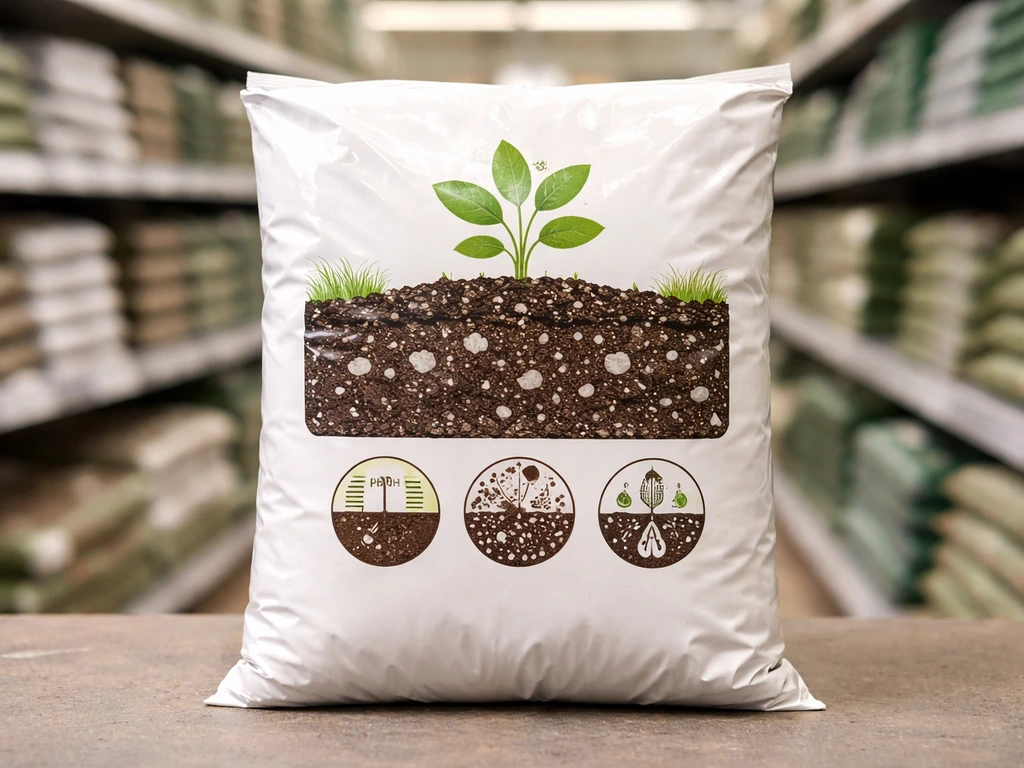 Gros plan sur un sac de terreau en jardinerie, l’étiquette suggère pH et drainage à vérifier avant achat.