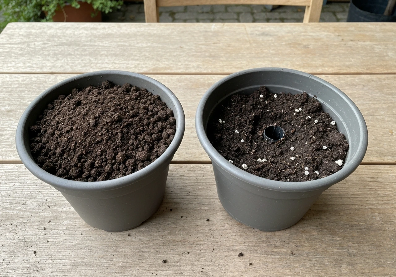 Gros plan comparant deux pots: terre de jardin compacte sans drainage contre pot correctement préparé avec trous et terr