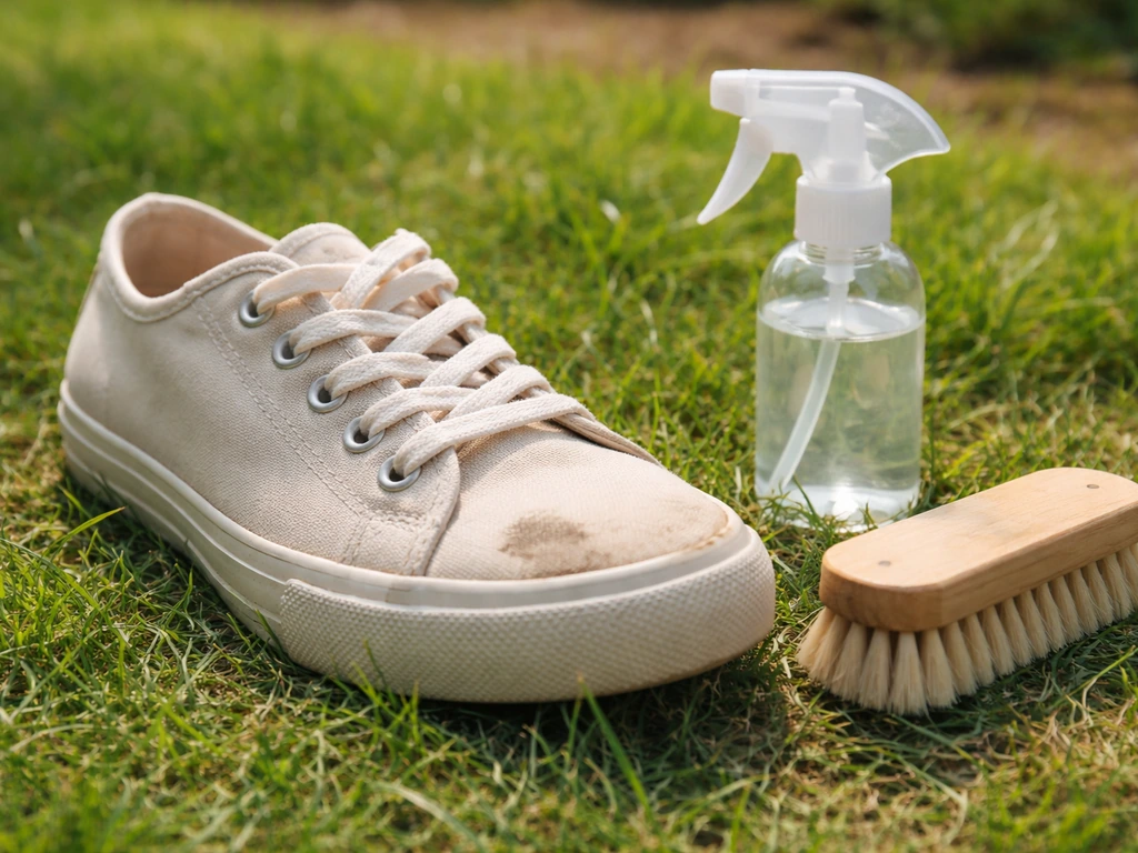 Chaussure dans l’herbe avec une tache visible, détachant et brosse à côté, jardin en arrière-plan.