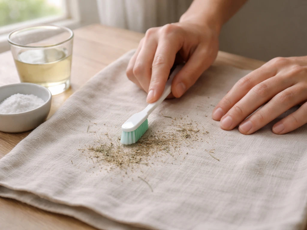 Mains anonymes grattant de l’herbe séchée sur un tissu clair, avec brosse et récipient de traitement à côté.