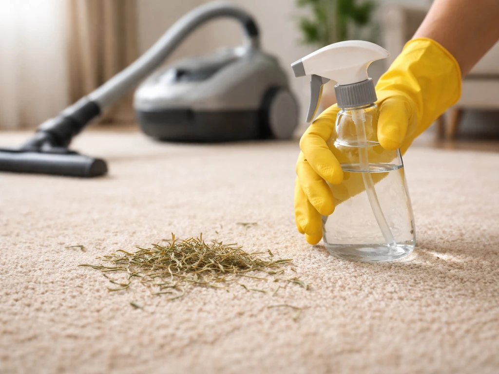 Main nettoyant une moquette avec une solution de vinaigre blanc dilué et aspirateur après résidu d’herbe séché.