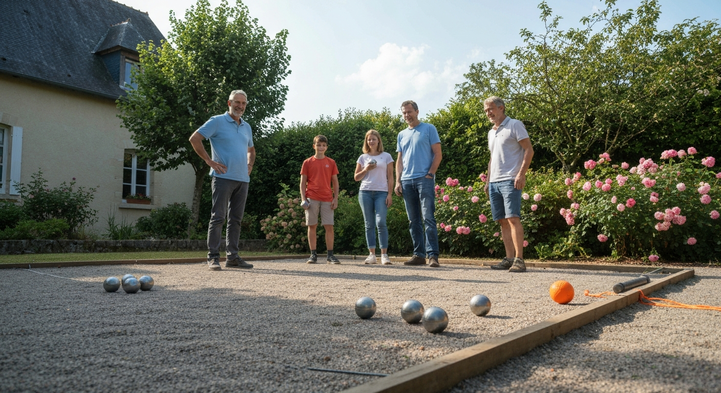 Partie de pétanque sur pelouse dans un jardin familial français : boules, cochonnet et cercle de lancer visibles, ambiance conviviale.
