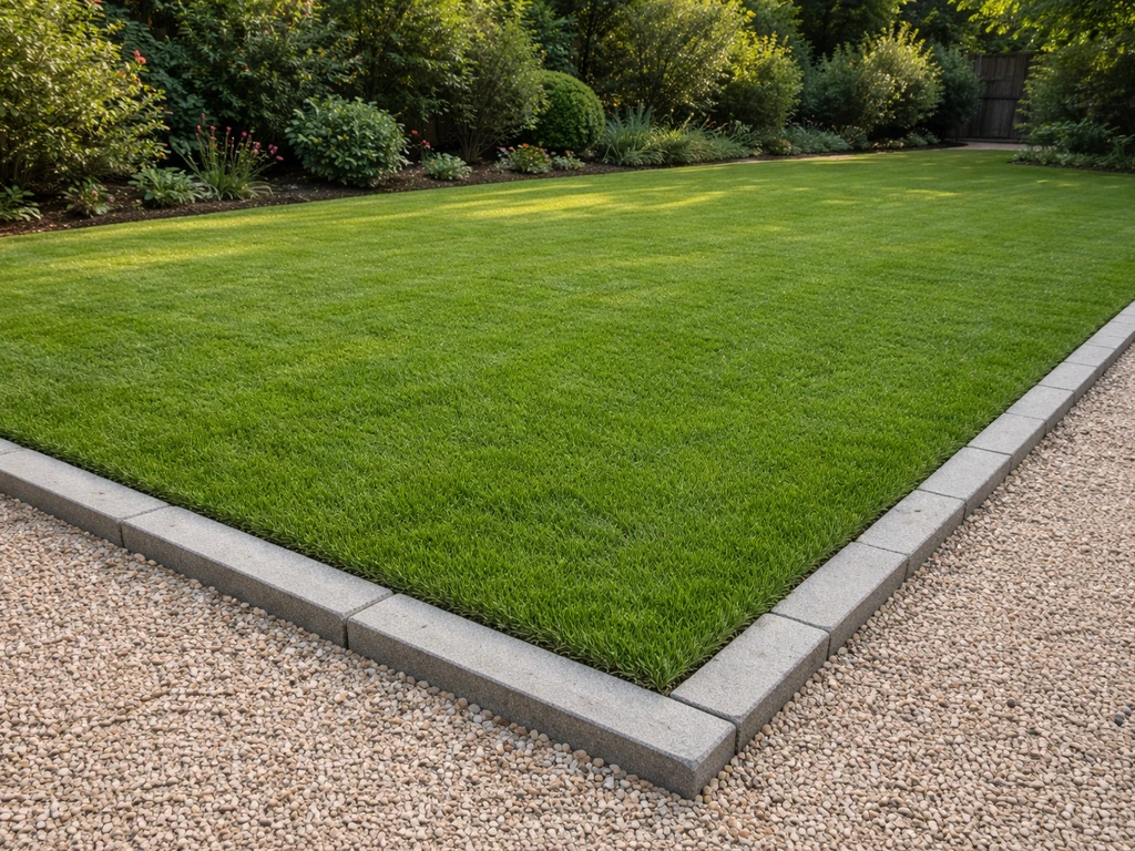 Vue depuis l’allée d’une terrasse herbe finie, bordure nette, gazon dense et praticable.