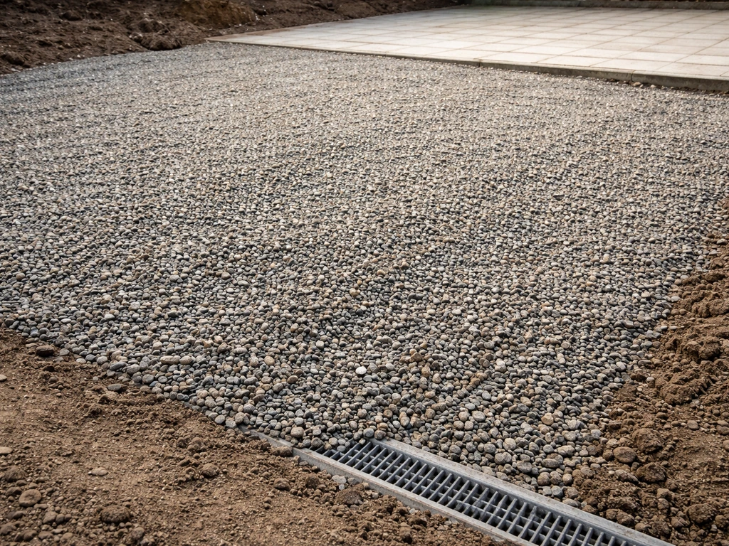 Plan rapproché d’un sol en pente avec gravillons drainants, eau qui s’écoule et évite les flaques.