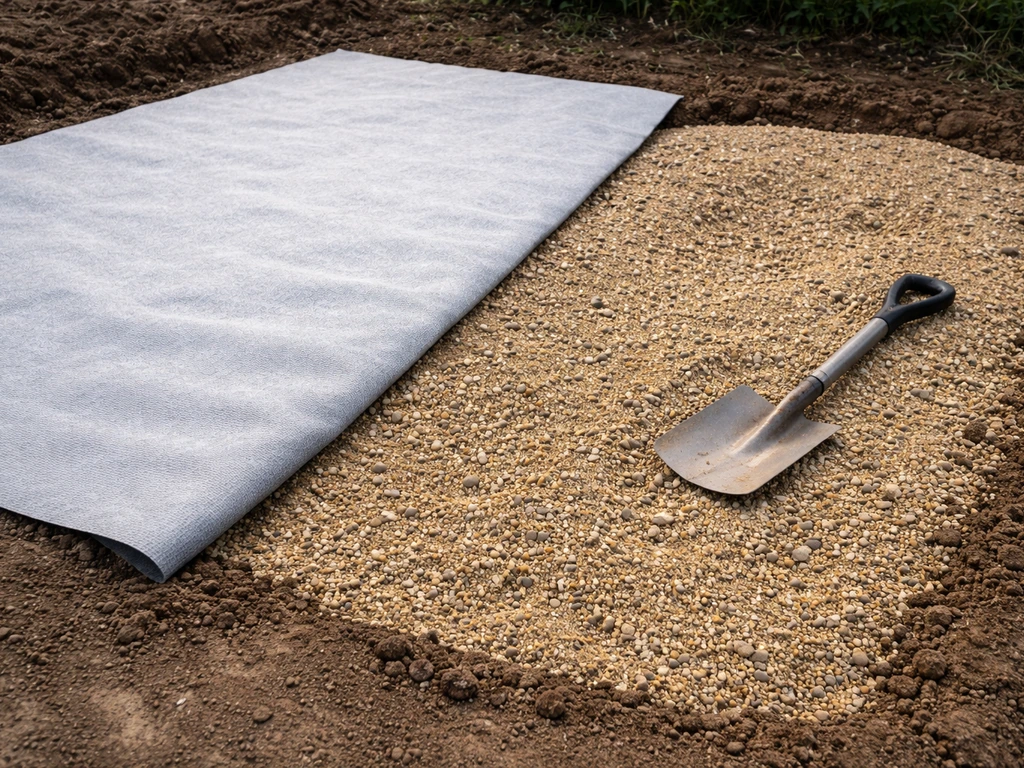Géotextile perméable posé sur un sol compact et sable de rivière étalé pour améliorer le drainage.