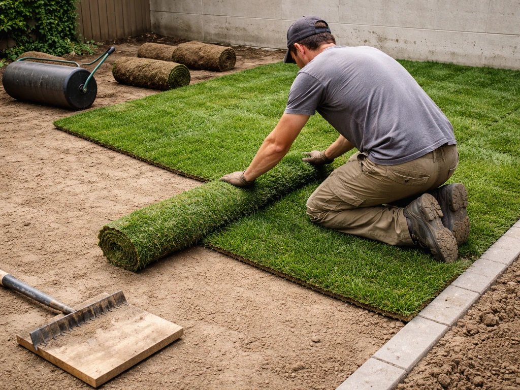 Pose de plaques de gazon sur une base nivelée, joints serrés, bordure de finition visible, chantier minimal.