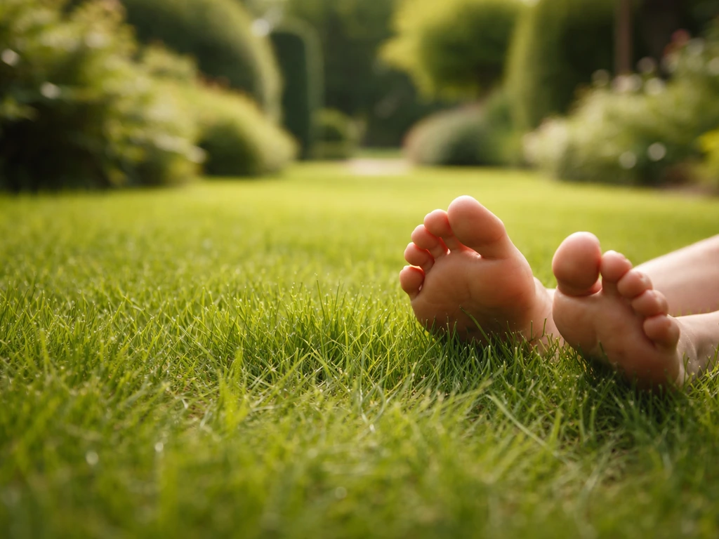 Pieds dans l’herbe au bord d’une pelouse soignée, ambiance jardin verdoyante et propre.