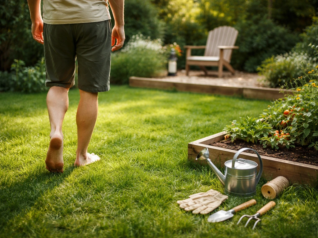 Personne marchant pieds nus sur une pelouse, avec un petit espace de jardin en arrière-plan
