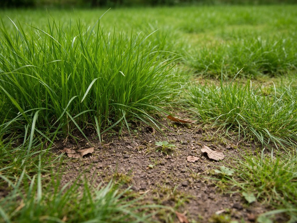 Pelouse avant tonte : herbe trop haute et sol visible avec feuilles, texture humide et débris légers.