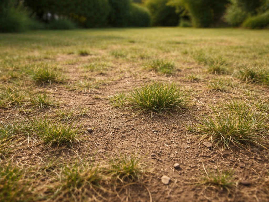 Pelouse clairsemée avec patchs de terre visibles et brins d’herbe épars, texture terre herbe.