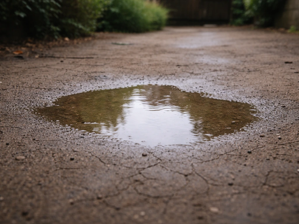 Flaque persistante sur un sol compacté après averse, eau stagnante en surface.