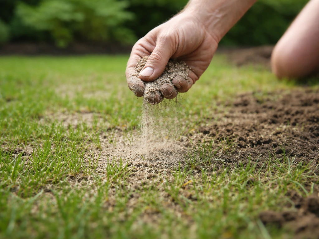 Mains d’un jardinier qui recouvre légèrement des graines de gazon avec terreau et sable fin.