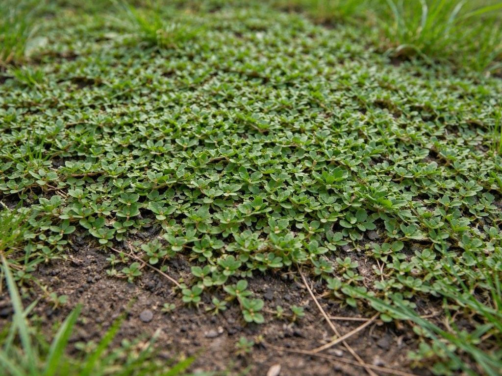 Gros plan d’un tapis dense de renouée des oiseaux, herbe aplatie au ras du sol.
