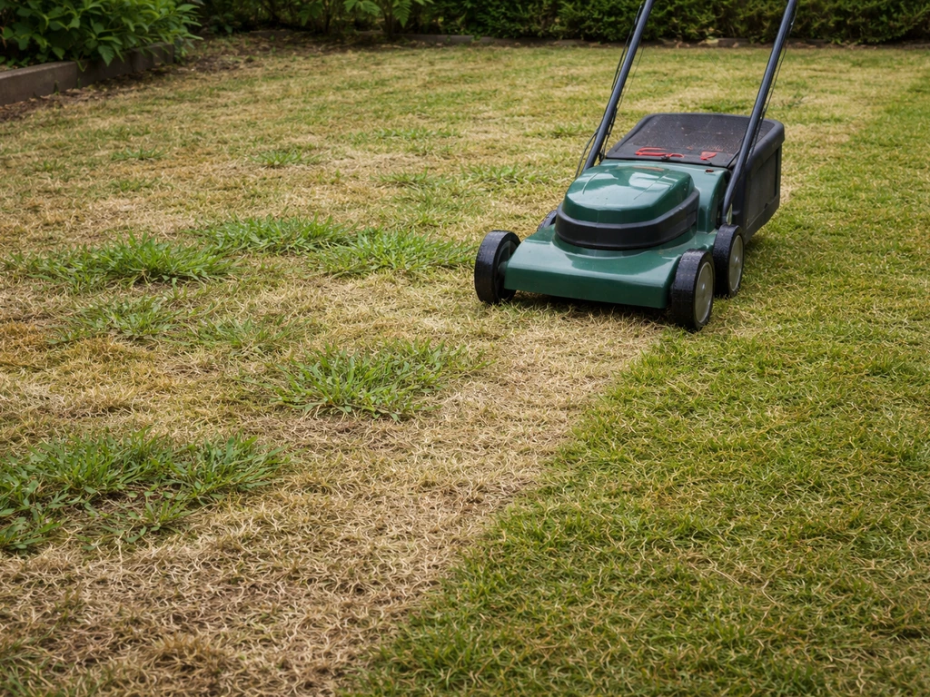 Une tonte trop rase sur une pelouse abîmée où l’herbe indésirable prend le dessus.