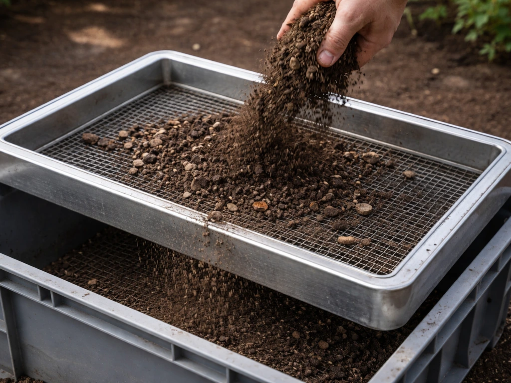 Tamisage : un tamis/grille calibrée au-dessus d’un bac, du compost passe en fines et les cailloux restent