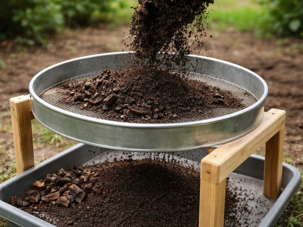 Terreau et compost fin tamisés : un mélange versé sur un tamis, avec les gros morceaux à part.