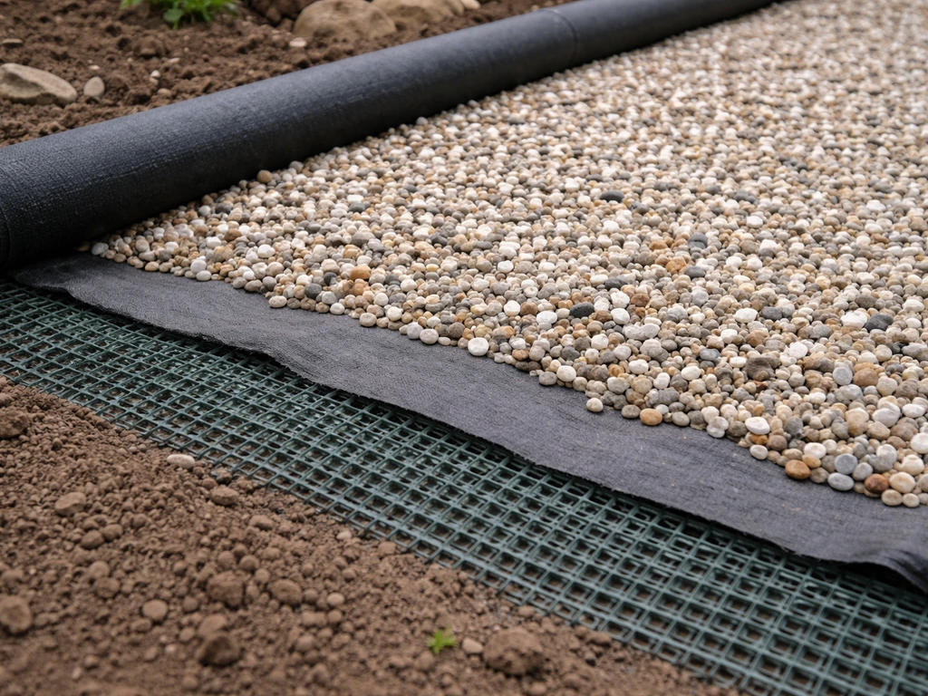 Géotextile et grille anti-plantules sous des graviers décoratifs, montrant la séparation herbe-cailloux.