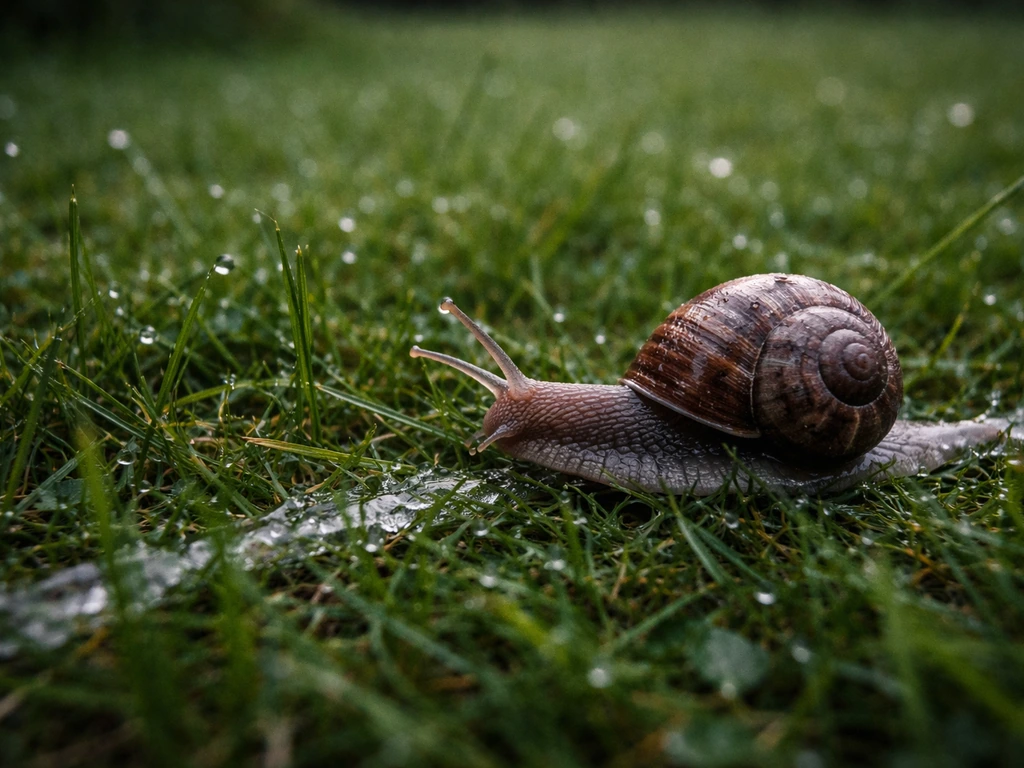 Escargot sur une pelouse humide du soir, avec traces de bave brillantes sur l’herbe.