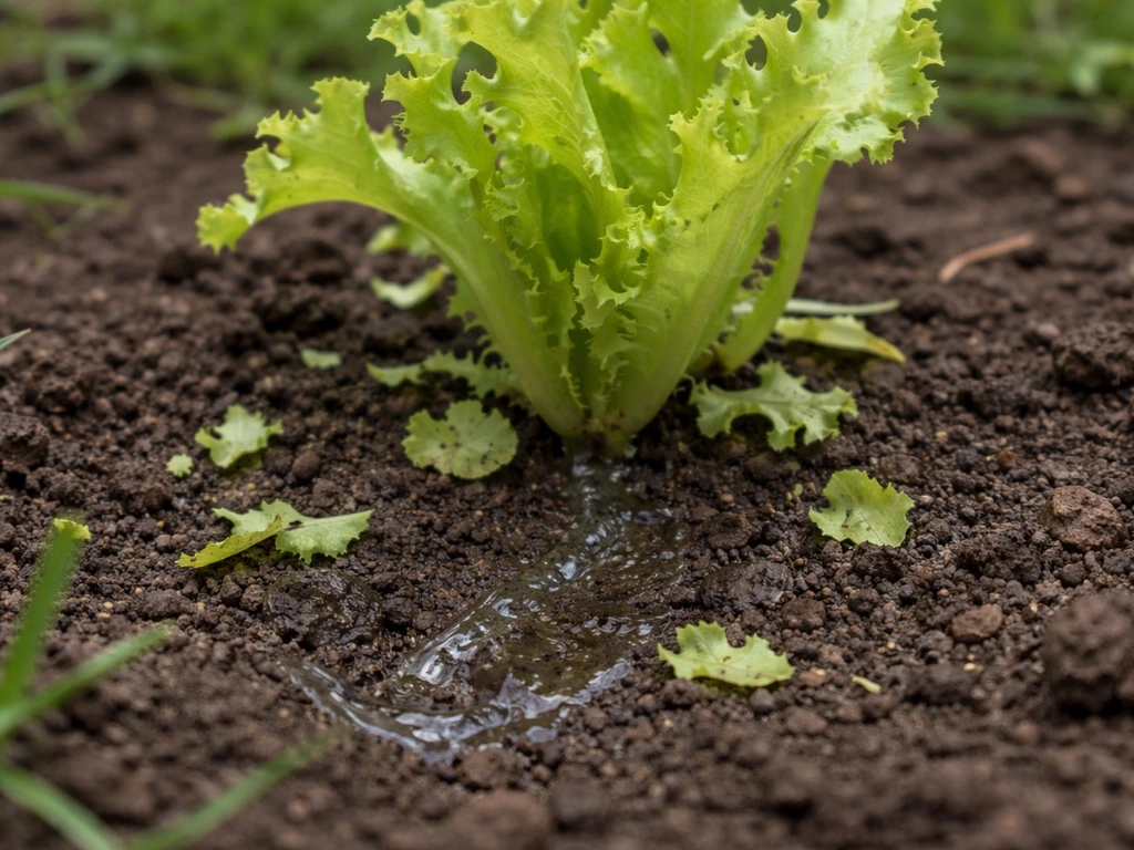 Jeunes feuilles de salade grignotées dans un potager, avec traces de mucus brillantes sur la terre.
