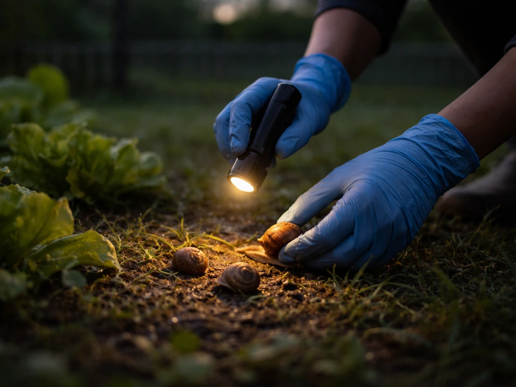 Une personne ramasse des escargots à la lampe de poche au bord d’un potager, avec des gants.
