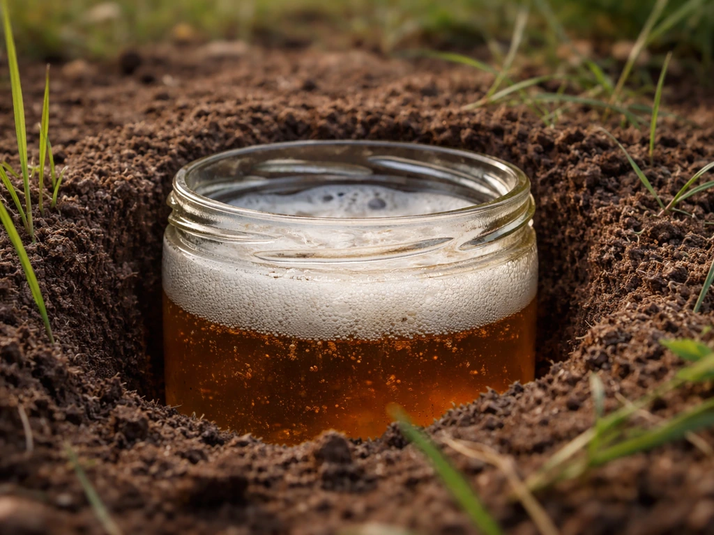 Pot à confiture enterré jusqu’au bord dans la terre, à moitié rempli de bière, vue rapprochée au sol.