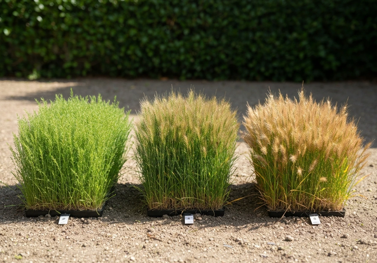 Herbe de prairie en trois bacs, montrant l’évolution au printemps, en été et en automne.