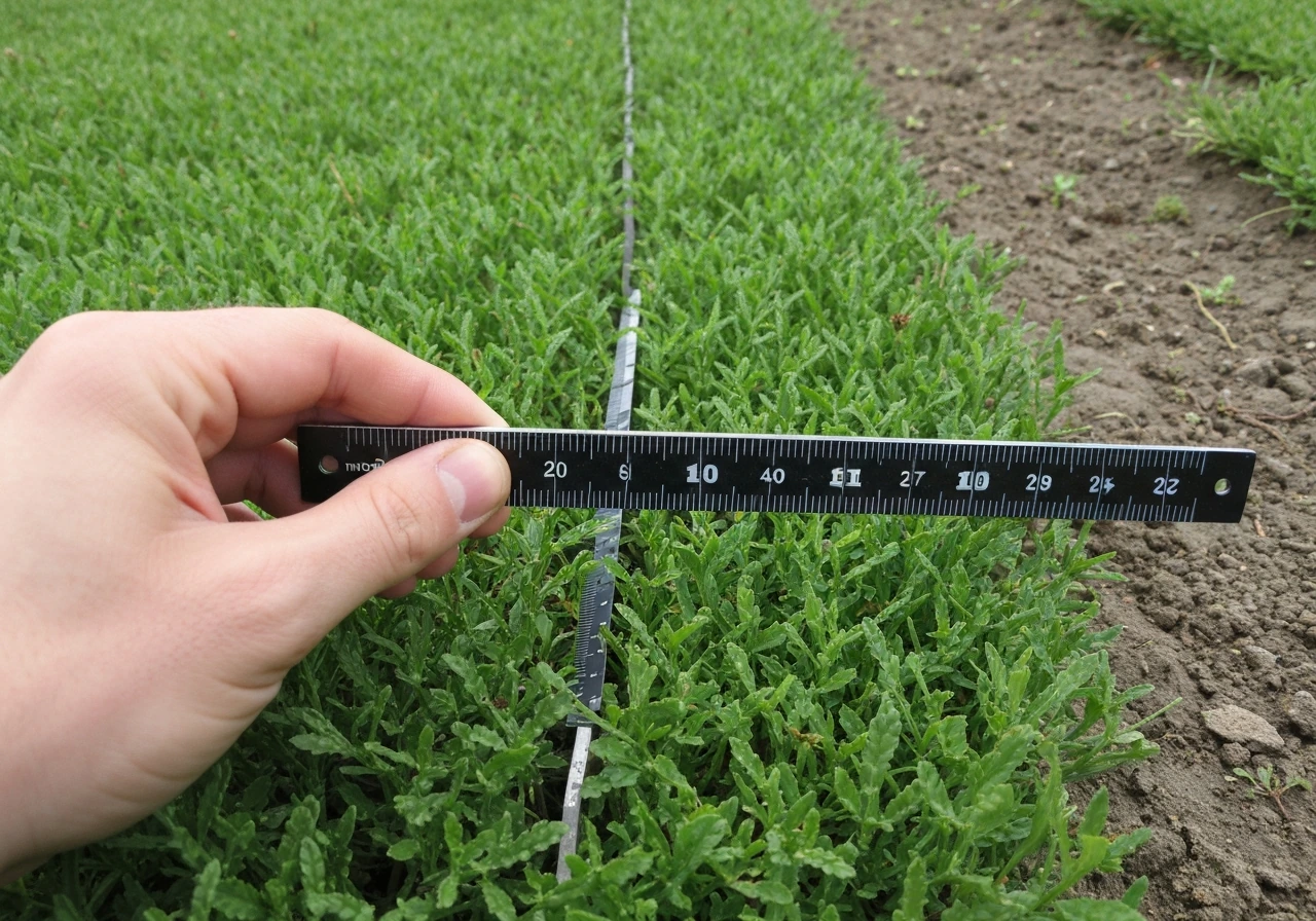Gros plan sur un mètre plat posée sur l’herbe pour mesurer la hauteur avant de tondre.