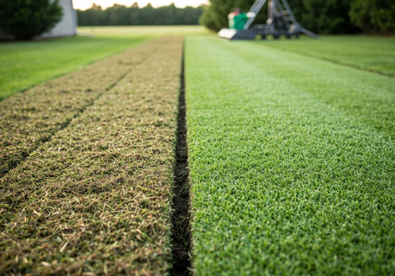Deux zones de pelouse après tonte : mulching à gauche, herbe évacuée à droite, vue nette et réaliste.