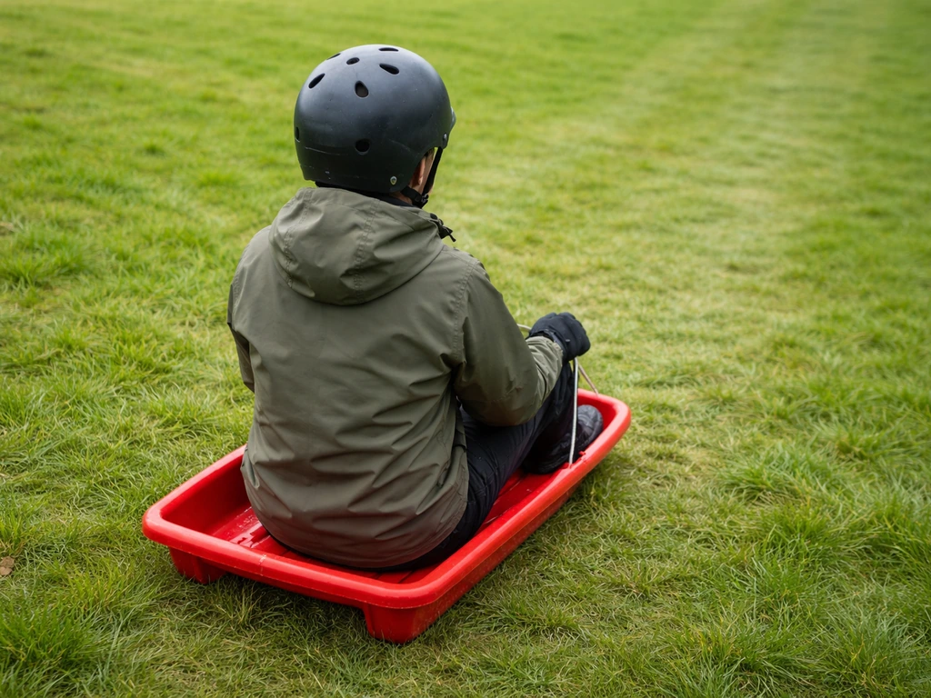 Luge sur herbe douce, gazon légèrement humide, casque de protection et sécurité visibles sur la pente