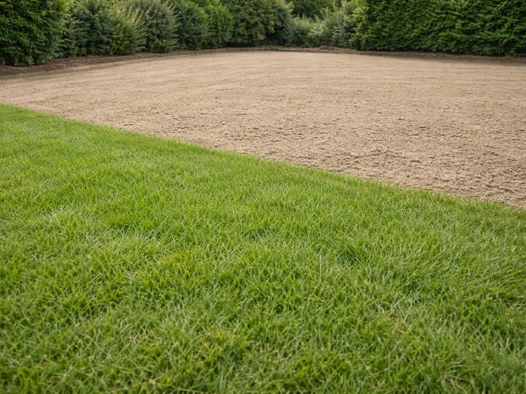 Zone de pelouse préparée, herbe tondue et sol dégagé, pente douce visible, sans obstacles.