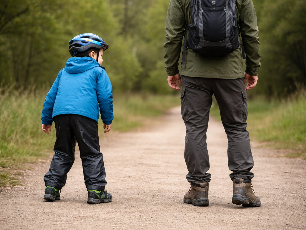 Enfant avec casque et pantalon de pluie à côté d’un adulte avec casque et chaussures montantes antidérapantes.