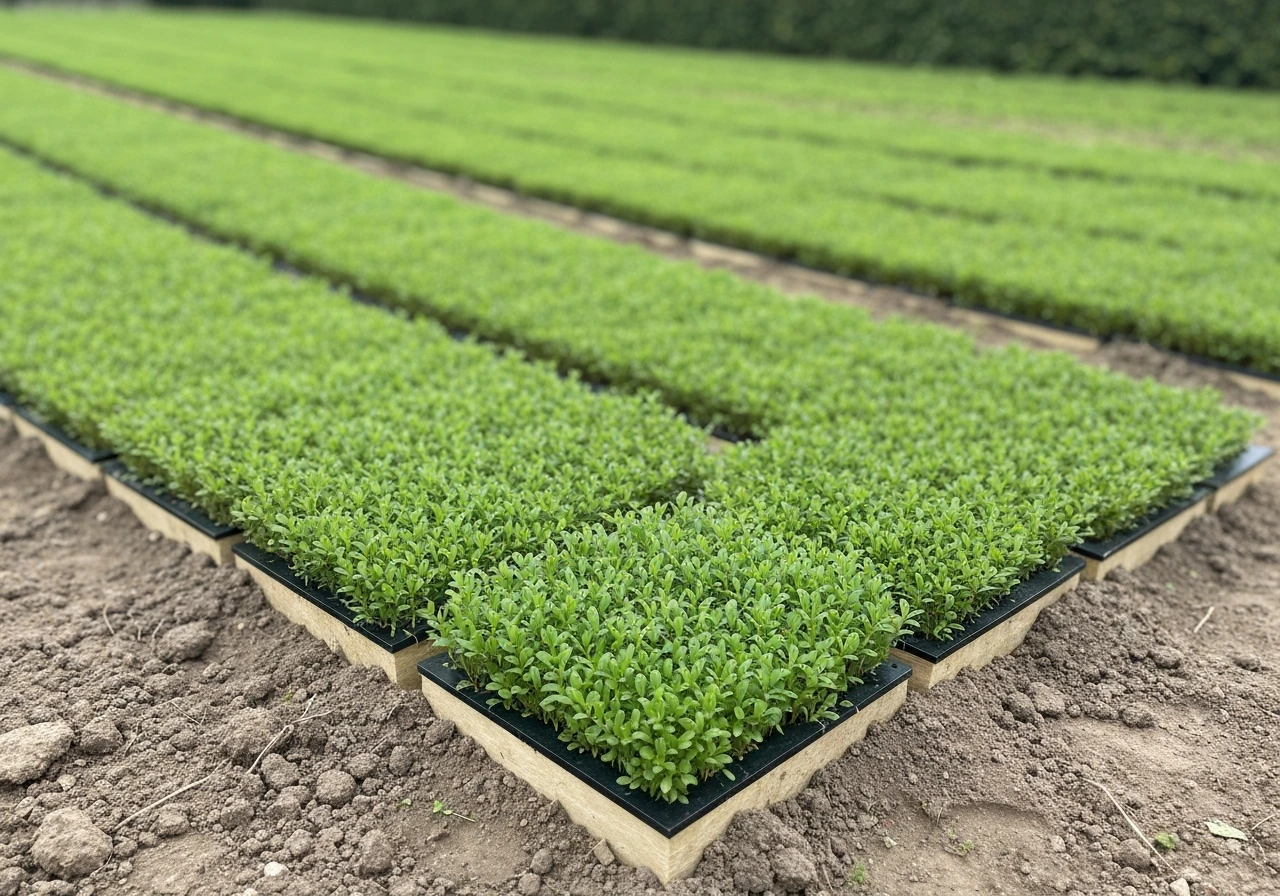 Pelouse fraîche avec plaques de gazon visibles, herbe dense, terre préparée en bordure, sans semis.
